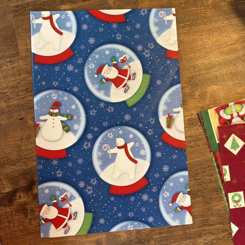 Lot of Flat Christmas Wrapping Paper Poinsettia Santa Wreath Holiday Gift Wrap